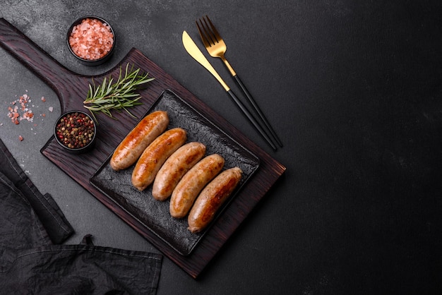 Tasty grilled sausages with spices and herbs on a black slate plate