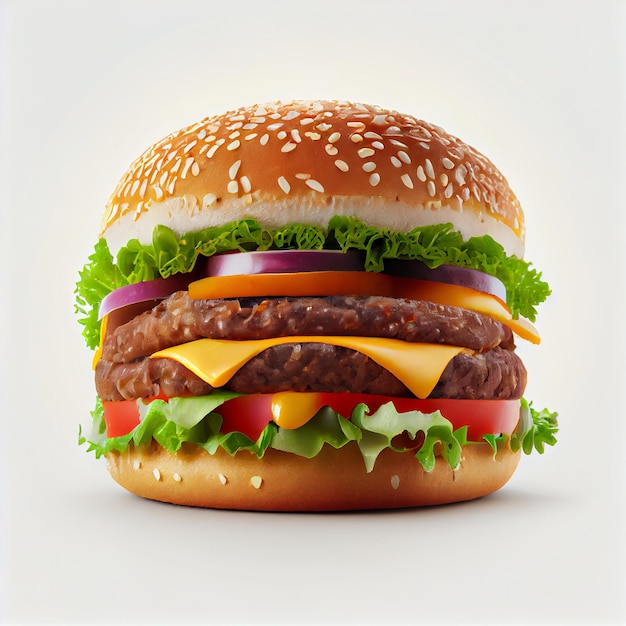 Tasty hamburger with cheese and lettuce on white background