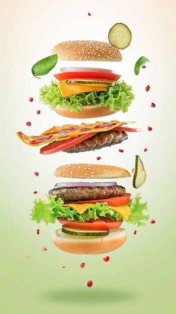 tasty hamburger with flying elements isolated