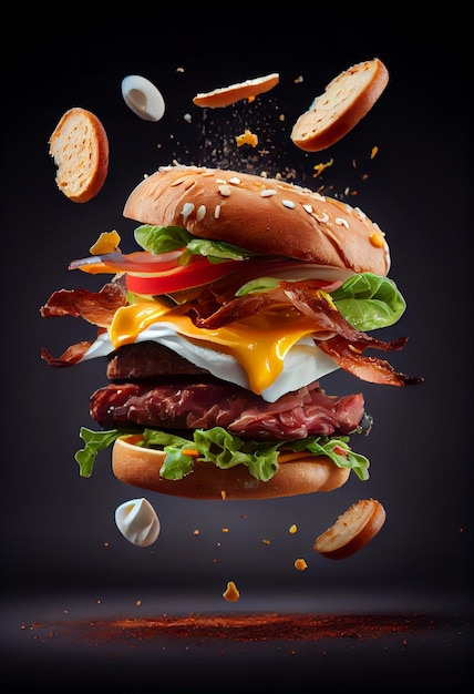 Tasty hamburger with flying ingredients on dark background AI Generated