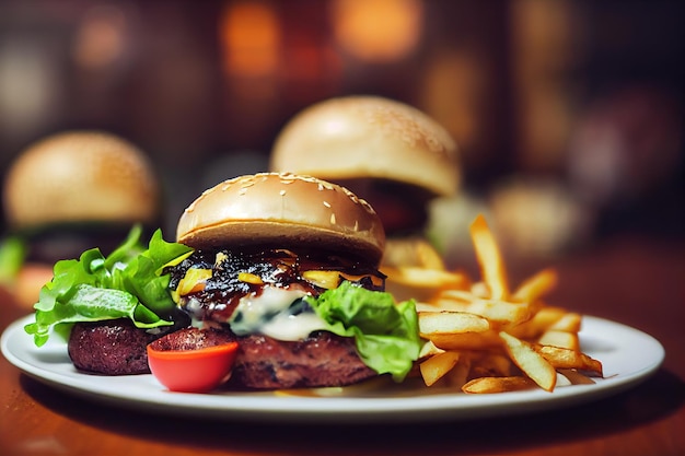 Tasty hamburger with french fries fast food meal