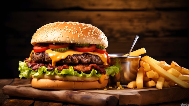 Tasty Hamburger with French fries