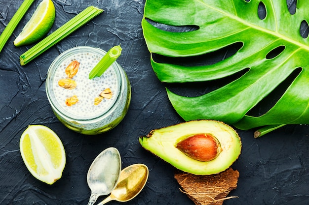 Tasty healthy chia pudding with coconut milk in a glass