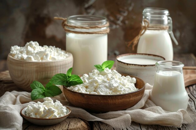 Tasty healthy dairy products on table milk sour cream cottage cheese cream in jars and bottles