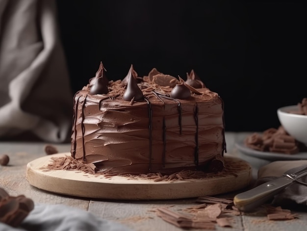 Tasty homemade chocolate cake on table Generative AI