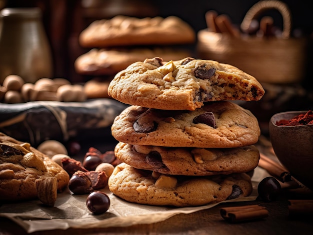 Tasty homemade chocolate cookies on wooden table Generative AI