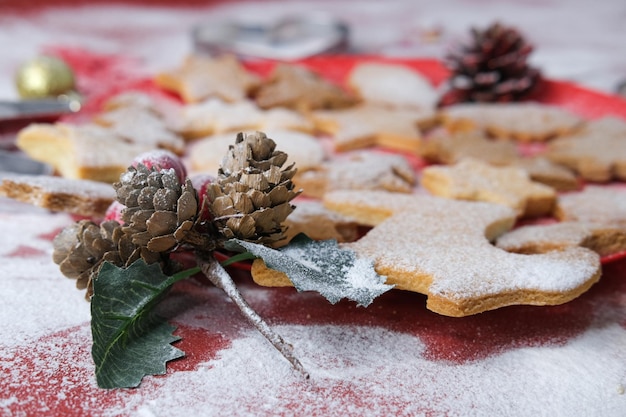 Tasty homemade Christmas cookies, closeup.Gingerbread cookies on a red background. Selective focus.