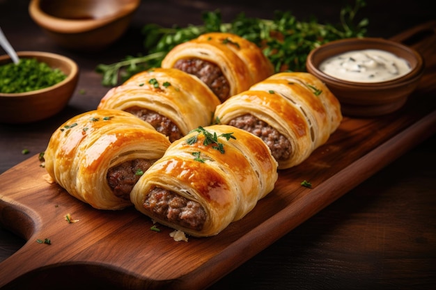 Tasty homemade sausage rolls on a wooden platter