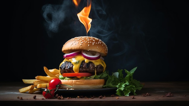 Tasty hot burger with French fries and fire