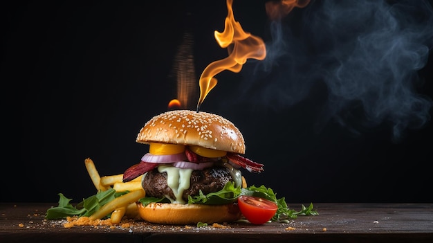 Tasty hot burger with French fries and fire