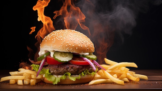 Tasty hot burger with French fries and fire