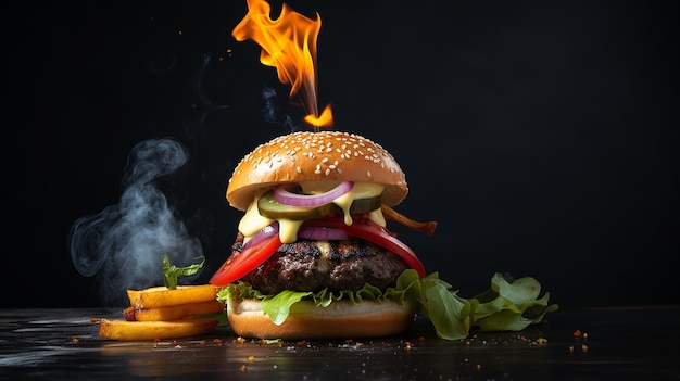 Tasty hot burger with French fries and fire