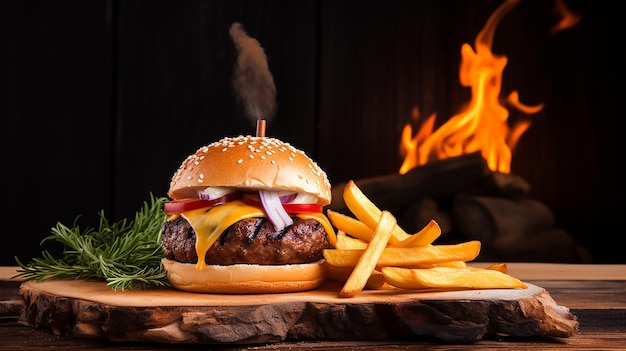 Tasty hot burger with French fries and fire