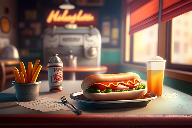 Tasty hot dog on a plate with diner blurred in the background