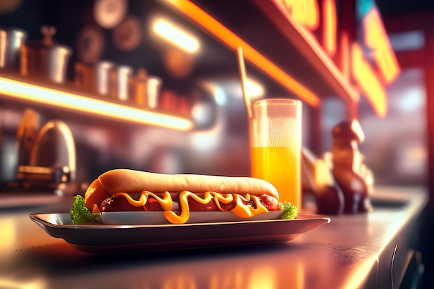 Tasty hot dog on a plate with diner blurred in the background