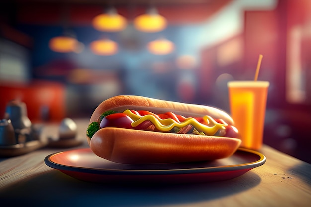 Tasty hot dog on a plate with diner blurred in the background