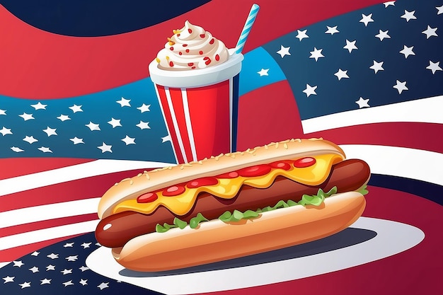 Photo tasty hotdog with usa independence day flag soda and speech bubble vector illustration flat cartoon style suitable for web landing page banner flyer sticker wallpaper card background