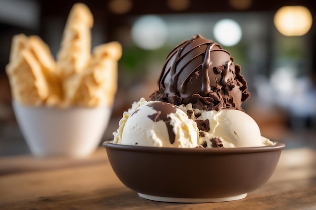 Tasty ice cream with chocolate in bowl on wooden table in restaurant blur background generated by Ai