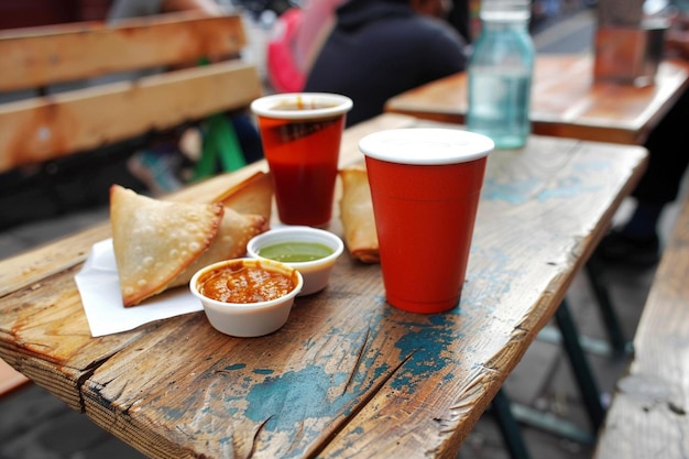 Tasty indian street food with samosas jelabi tea and chutneys