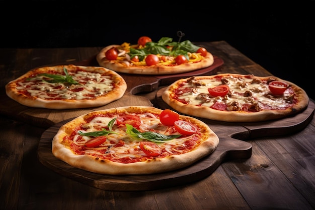 Tasty Italian pizzas on wooden table