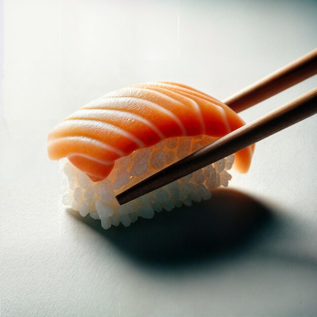 A tasty japanese food salmon sushi chopped by wood chopstick clean premium simple background