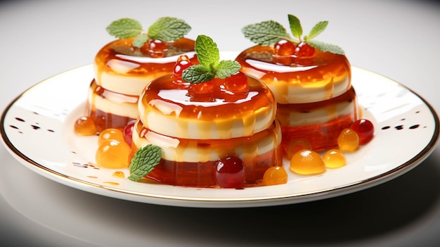 Tasty jelly desserts with cream on a white background