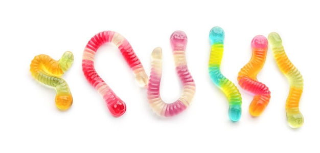 Tasty jelly worms on white background