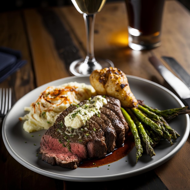 Tasty and juicy steak and asparagus half fried in a frying pan