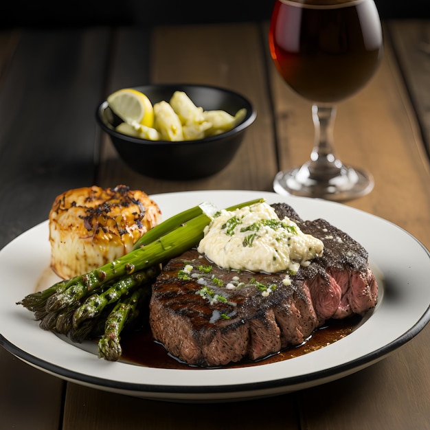 Tasty and juicy steak and asparagus half fried in a frying pan