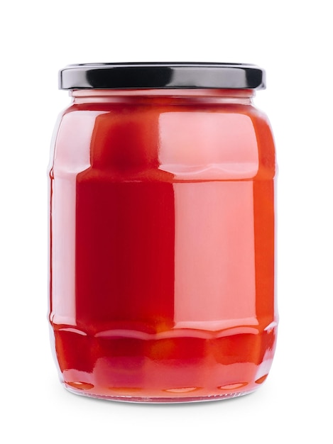 Tasty ketchup in glass jar isolated on white