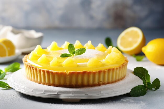 Tasty lemon tart on a bright backdrop