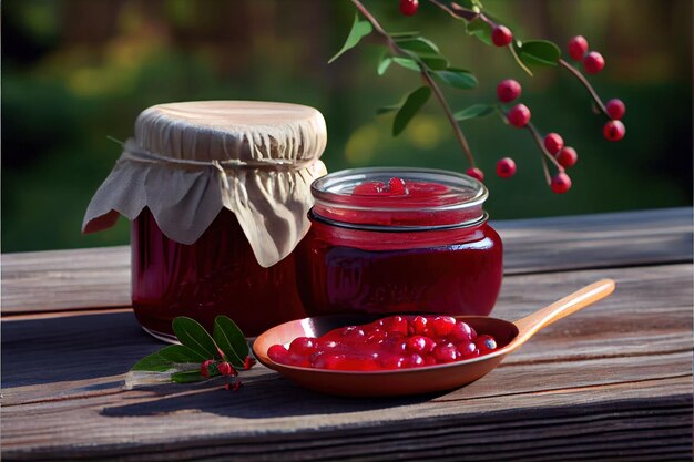 Tasty lingonberry jam in jars and cup with red berri