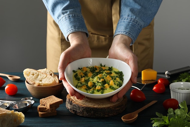 Tasty lunch concept with delicious cheese soup