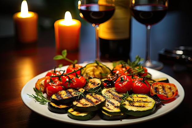 Tasty meal featuring grilled veggies and wine