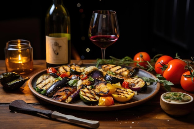 Tasty meal featuring grilled veggies and wine