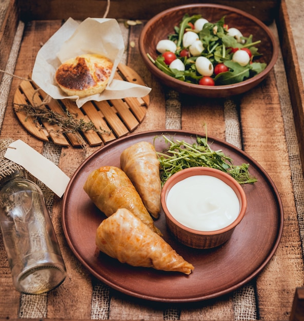 Tasty meat rolls with sour cream and salad