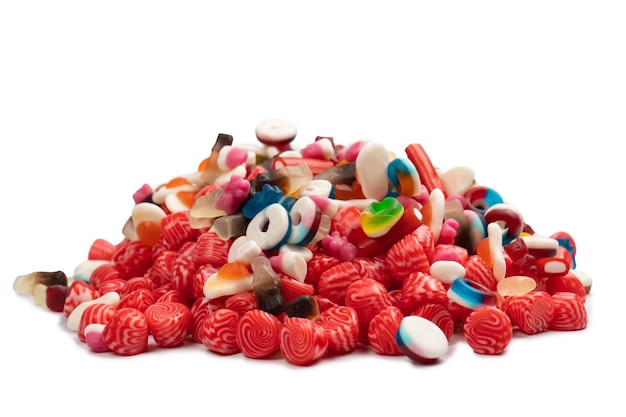 Tasty mix of jelly colorful candies isolated on a white background