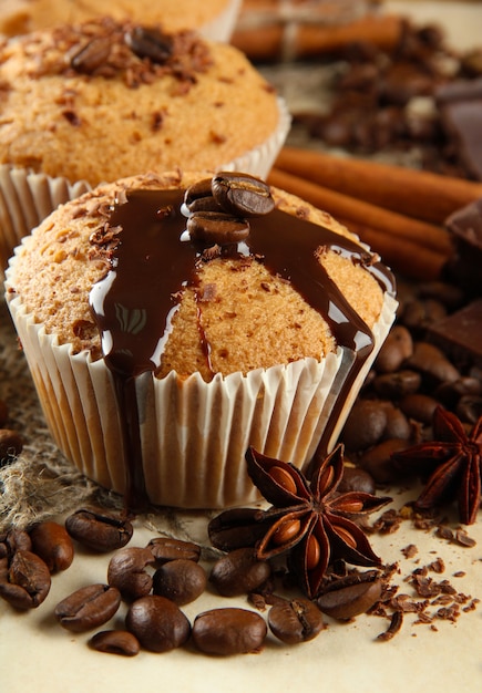 Tasty muffin cakes with chocolate, spices and coffee seeds, close up