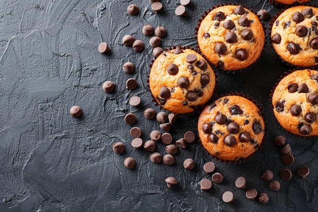 Tasty muffins with chocolate chips top view