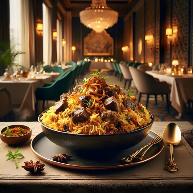 Photo tasty mutton biriyani on restaurant background