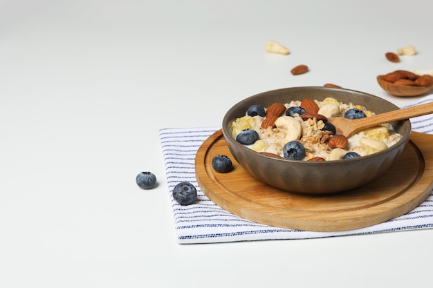 Tasty and nutritious breakfast concept muesli with yogurt