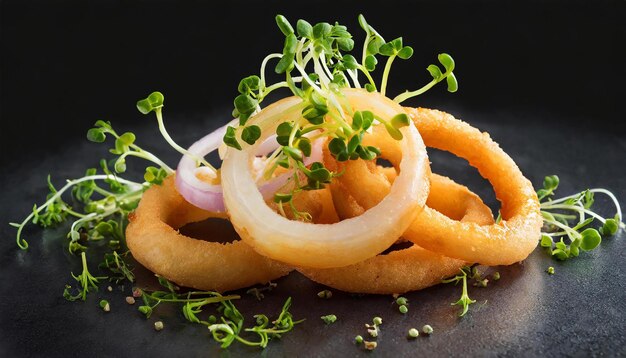 Photo tasty onion rings with fresh micro green tasty snack delicious food culinary concept