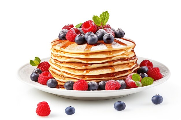 Tasty pancakes and berries on a white plate