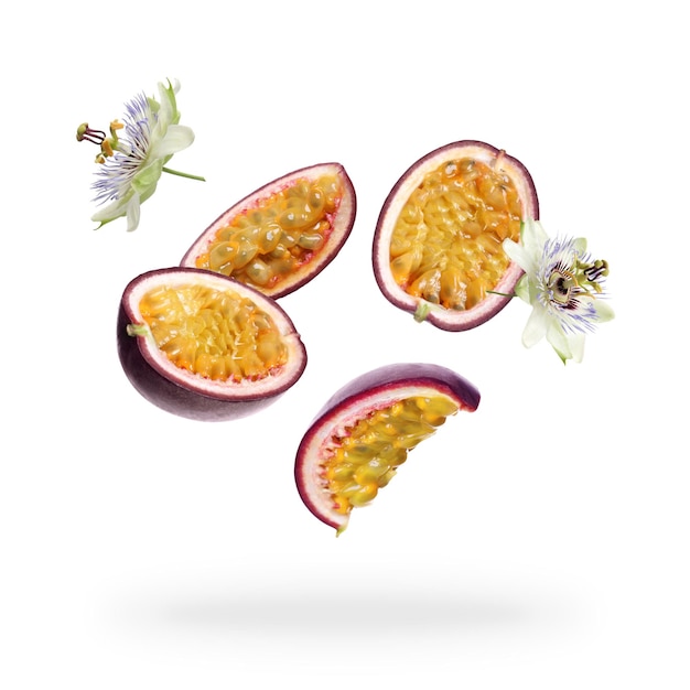 Tasty passion fruits and passiflora flowers falling on white background