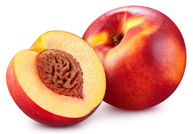 Tasty peach Peach fruit shoot food ingredient on white isolated Clipping path red peach