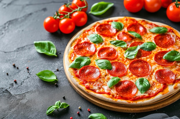 Tasty pepperoni pizza and cooking ingredients tomatoes basil on black concrete background Top view