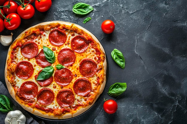 Tasty pepperoni pizza and cooking ingredients tomatoes basil on black concrete background Top view