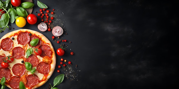 Tasty pepperoni pizza and cooking ingredients tomatoes basil on black concrete background