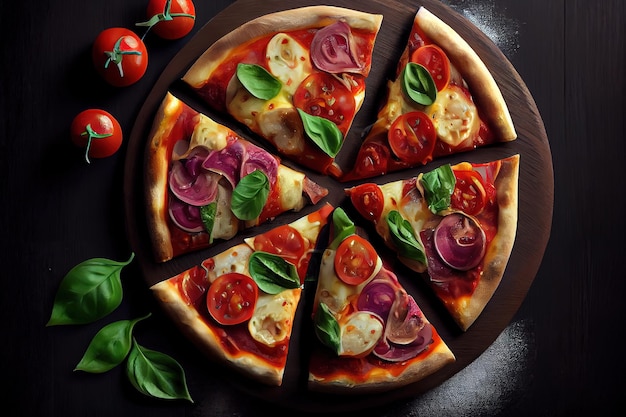 Tasty pepperoni pizza and cooking ingredients tomatoes basil on black concrete background