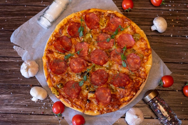 Tasty pepperoni pizza with mushrooms